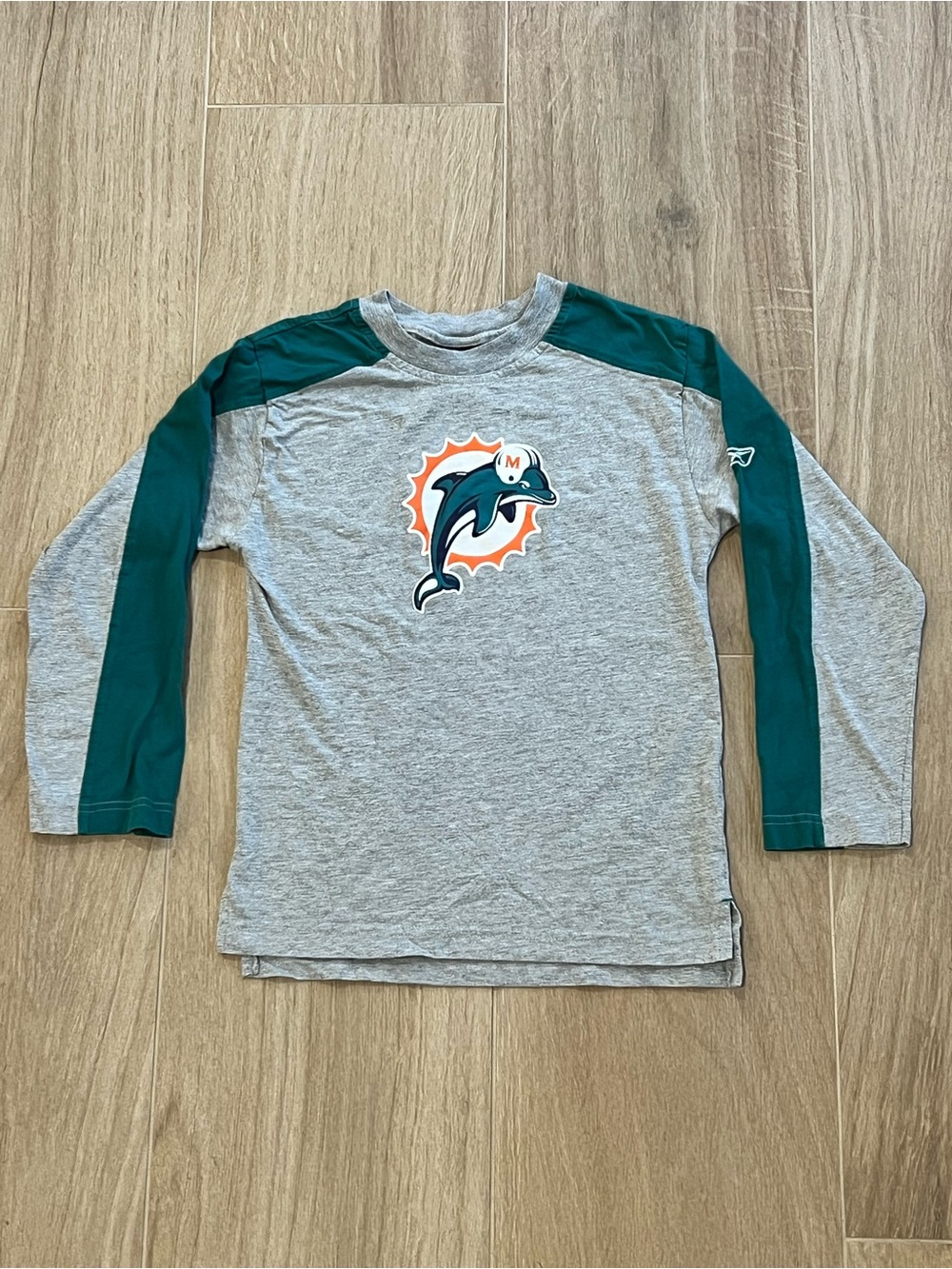 Girls Reebok Gray Long Sleeve Tee with Teal Sleeves - Miami Dolphins Logo